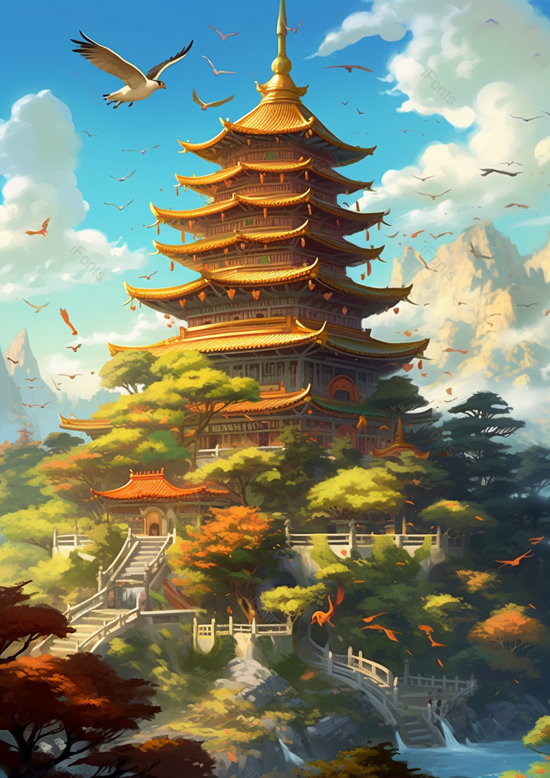 滕王阁国潮风插画背景,插画/手绘图,插画/手绘图库,插画/手绘图下载,插画/手绘